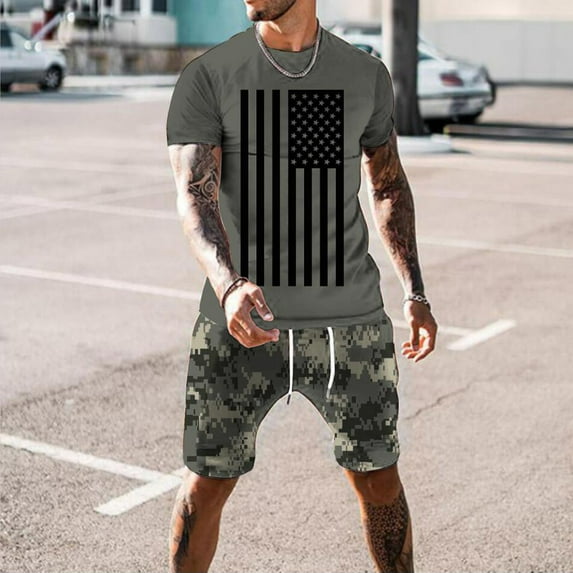 cllios 4th of July Outfits Men 2 Piece Patriotic USA Flag Print Pattern Tees Fashionable Crew Neck Top and Vintage Drawstring Shorts Sets Track Suits