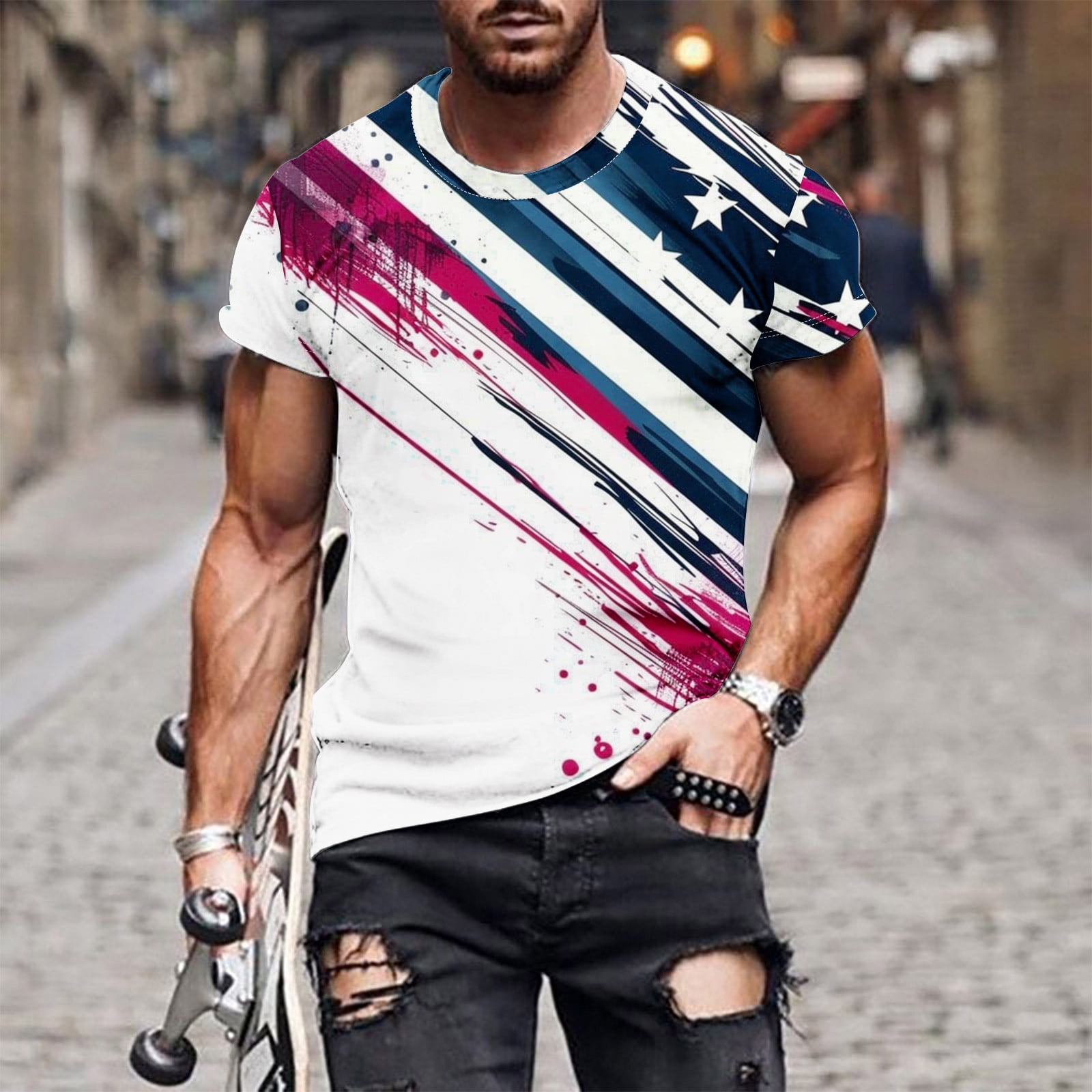cllios 4th of July Shirts Men Patriotic Red White and Blue Graphic Tees Big and Tall Slimfit