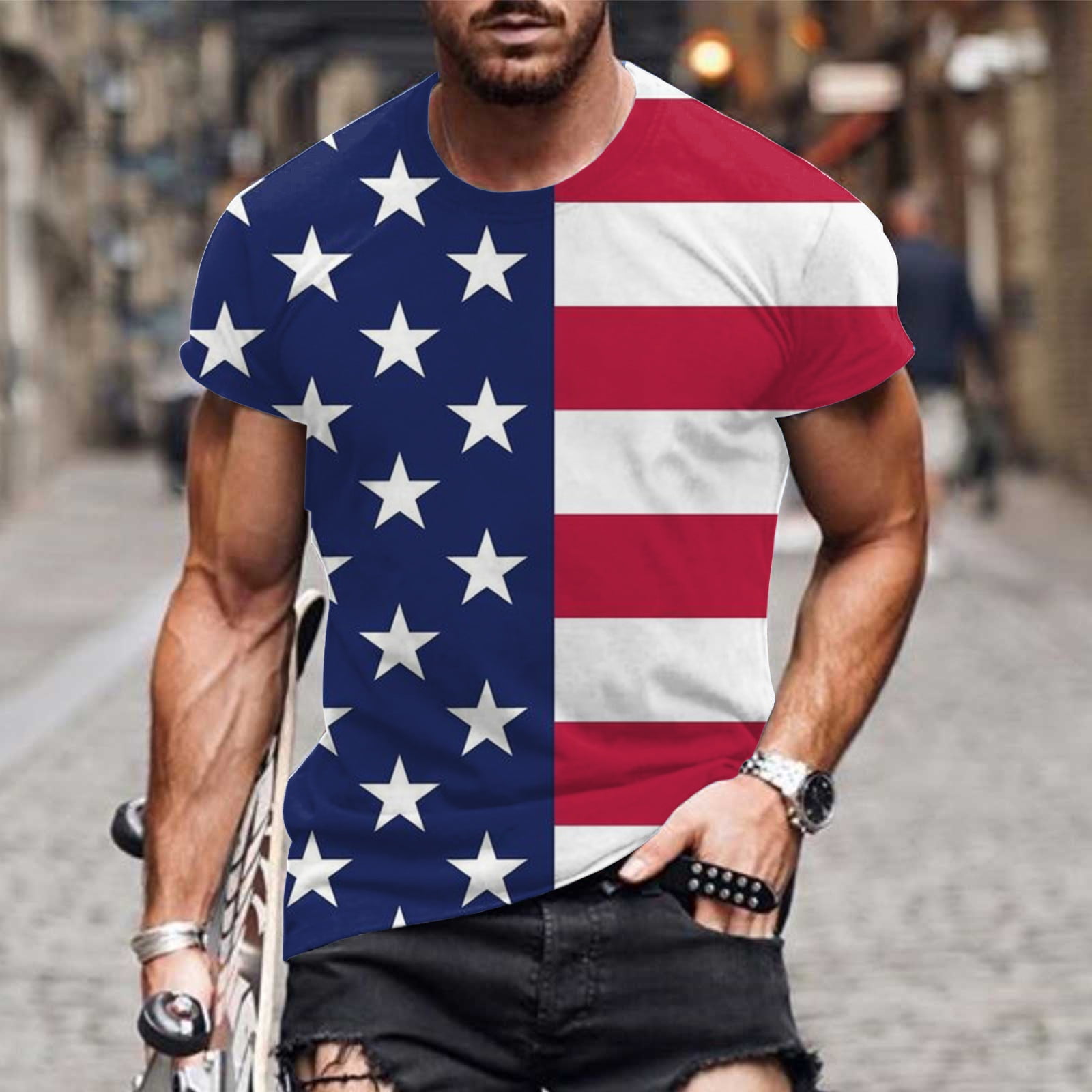 cllios 4th of July Shirts Men Patriotic Red White and Blue Graphic Tees  Slim-fit Crewneck Top Fitness Gym Short Sleeve T Shirt