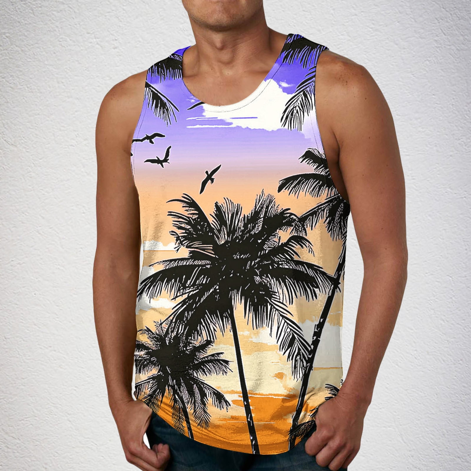 Mens Tank Tops Summer Men's Gym Tank Tops Graphic,Funny Print Graphic Tee Shirts Mens Summer Casual Loose Sleeveless Crew Neck Tank Tops Hawaiian Beach Vest Shirts Tanktops For Men Pack