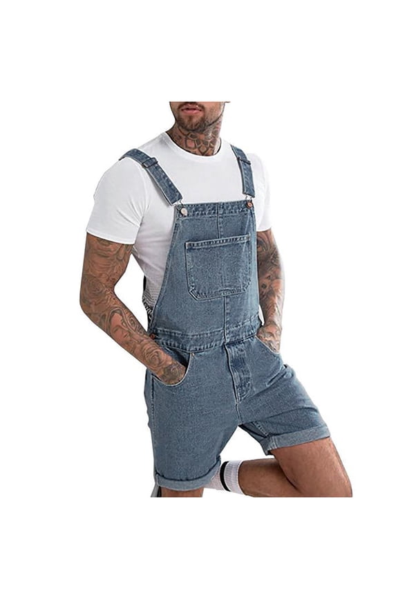 Bib Overall Shorts for Men Casual Fashion Solid Breast Pocket Denim Ripped Shorts Straight Type Overalls