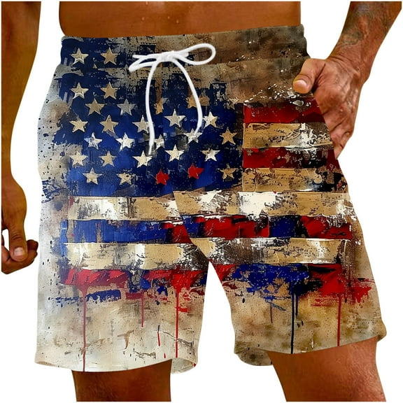 cllios Big and Tall Swim Trunks for Men 4th of July Quick Dry Board Shorts Patriotic Red White and Blue Print Swimming Shorts Casual Elastic Waist Drawstring Beach Shorts