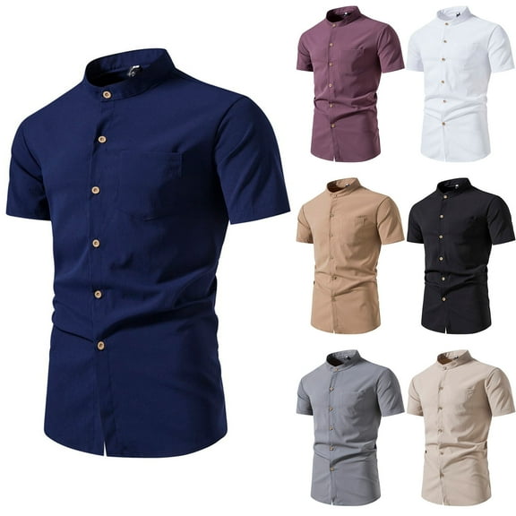 cllios Big and Tall Dress Shirts for Men Casual Button Down Tshirts Slim Fit Short Sleeve Band Collar Shirt Summer Business Work Tops