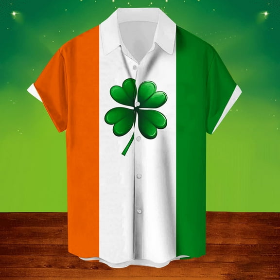 cllios Big and Tall Shirts for Men St Patrick's Day Mens Hawaiian Shirt Green Shamrock Print Bowling T-Shirt Casual Button Down Aloha Beach Shirt