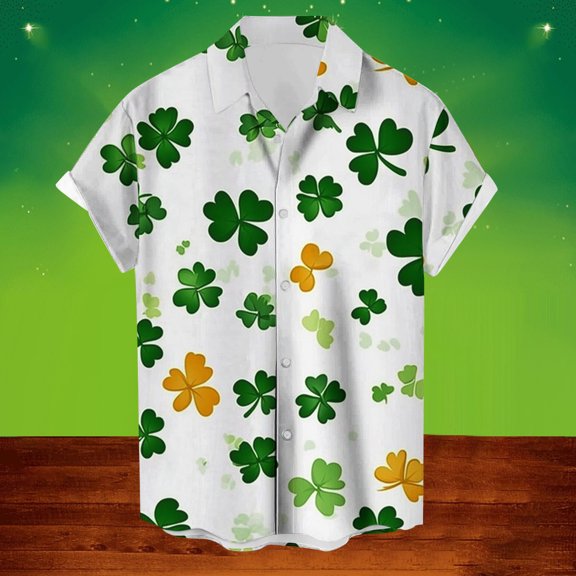 cllios Big and Tall Shirts for Men St Patrick's Day Mens Hawaiian Shirt Green Shamrock Print Bowling T-Shirt Casual Button Down Aloha Beach Shirt