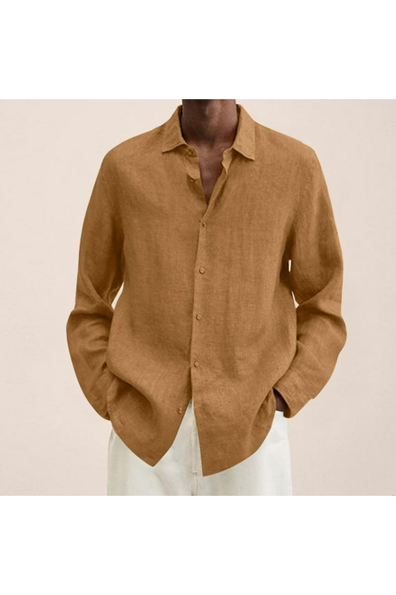 Button Down Linen Shirts for Men Casual Long Sleeve Regular Fit Cotton Beach Shirts with Pocket Men's Cuban Guayabera Shirt