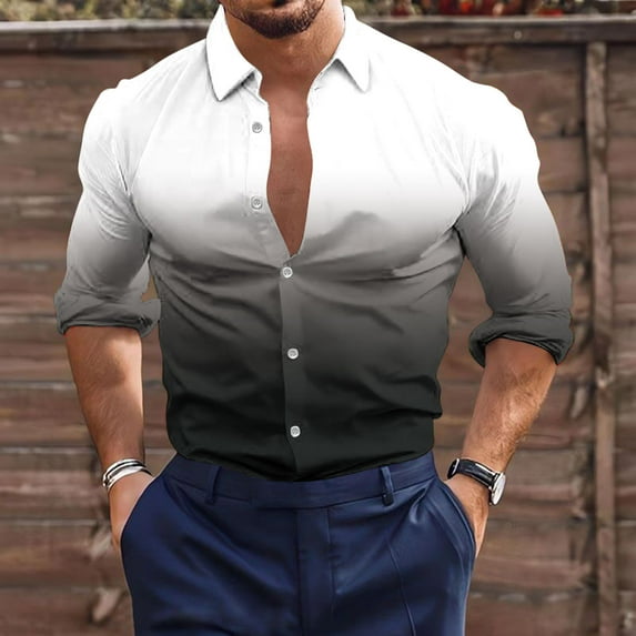 cllios Button Down Shirts for Men Big and Tall Long Sleeve Beach T Shirts Trendy Gradient Color Work Tees Regular Fit Lapel Blouse Tops Lightning Deals of Today Prime