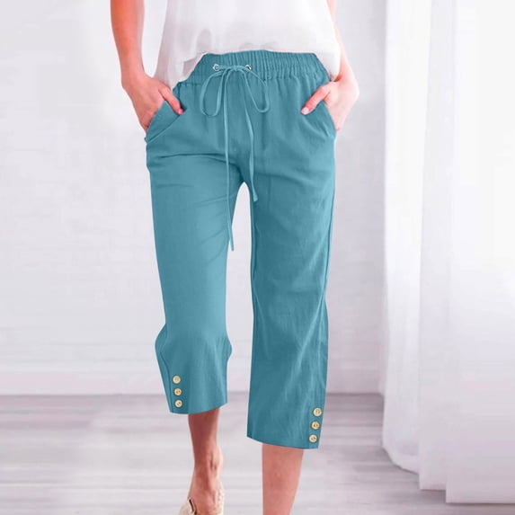 cllios Capris Pants for Women Cotton Linen Casual Lounge Pants Summer Loose Drawstring Dailywear Straight Wide Leg Pants with Pockets