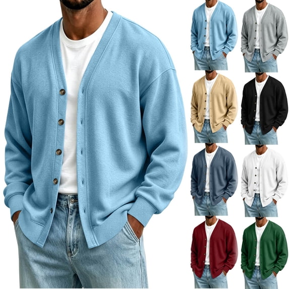 cllios Cardigan Sweaters for Men V Neck Casual Lightweight Button Down Knitted Cardigan Sweater Solid Color Long Sleeve Cardigans Khaki S-XXXL