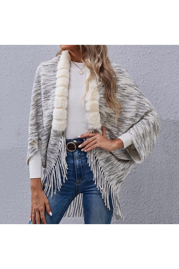 Cardigan for Women Batwing Sleeve Faux Fur Collar Shawl Loose Striped Irregular Fringe Top Cloak
