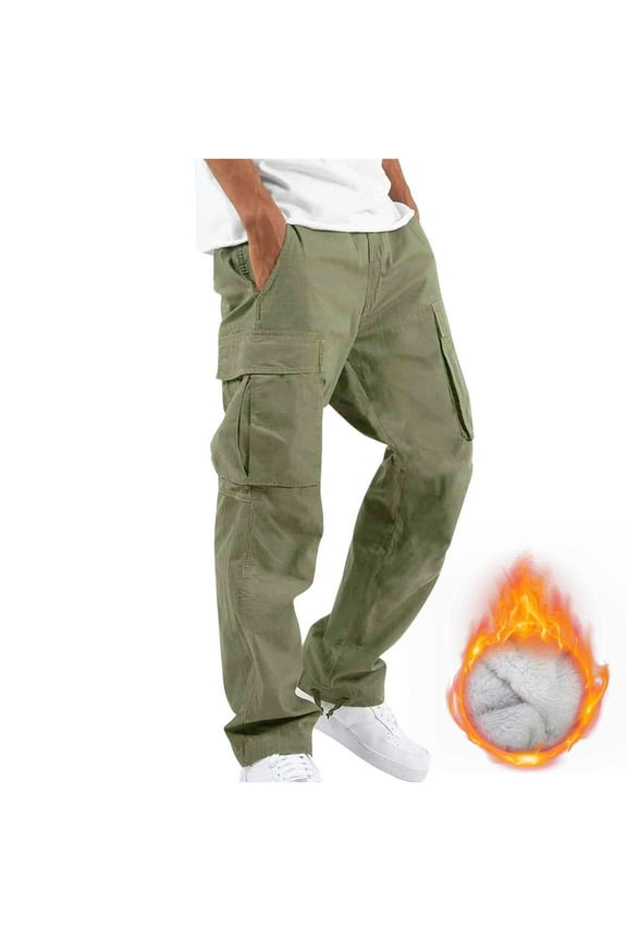 Cargo Pants for Men Fleece Lined Solid Casual Multi Pockets Outdoor Work Straight Leg Fitness Winter Warm Long Pants Trousers