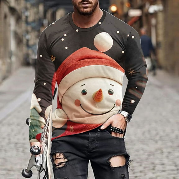 cllios Christmas Shirts for Men Big and Tall Ugly Christmas Graphic Tees Lightweight Stretchy Round Neck Long Sleeve T Shirts Cute Holiday Xmas Tee Tops,Mens Christmas Gifts