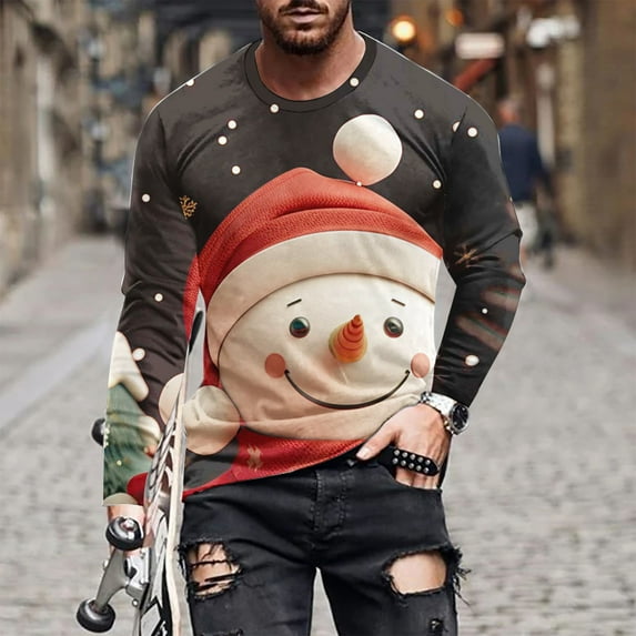 cllios Christmas Shirts for Men Big and Tall Ugly Christmas Graphic Tees Lightweight Stretchy Round Neck Long Sleeve T Shirts Cute Holiday Xmas Tee Tops,Mens Christmas Gifts