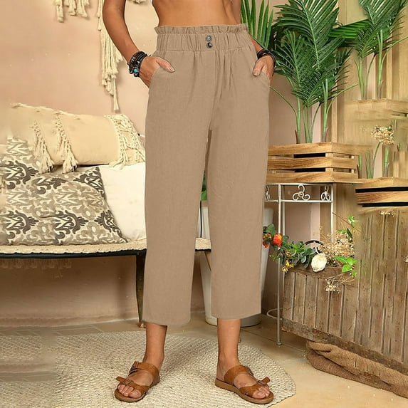 cllios Clearance Under $5 Plus Size Linen Capris Pants for Women Summer High Waist Pant Loose Fit Flowy Drawstring Casual Trousers Lightweight Palazzo Pants