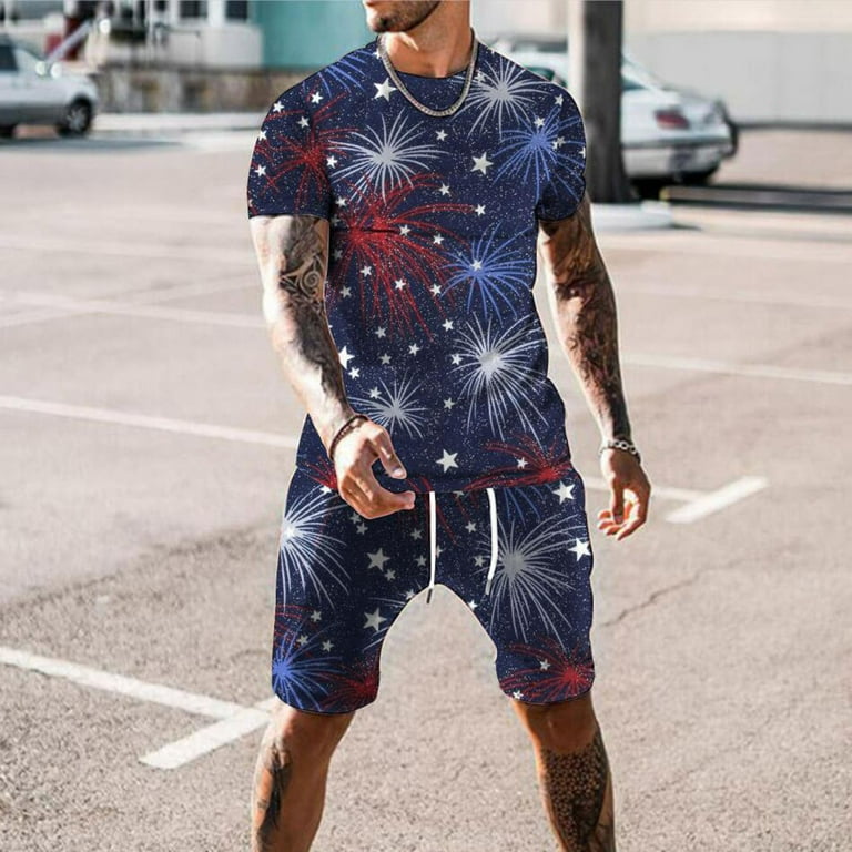 cllios Clearance Outlet 4th of July Outfits Men 2 Piece Patriotic American Flag Print Tees Athletic Crew Neck Top and Big and Tall Drawstring Shorts