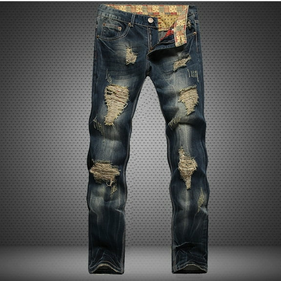 cllios Outlet Men's Ripped Distressed Destroyed Straight Fit Washed Denim Jeans Pants