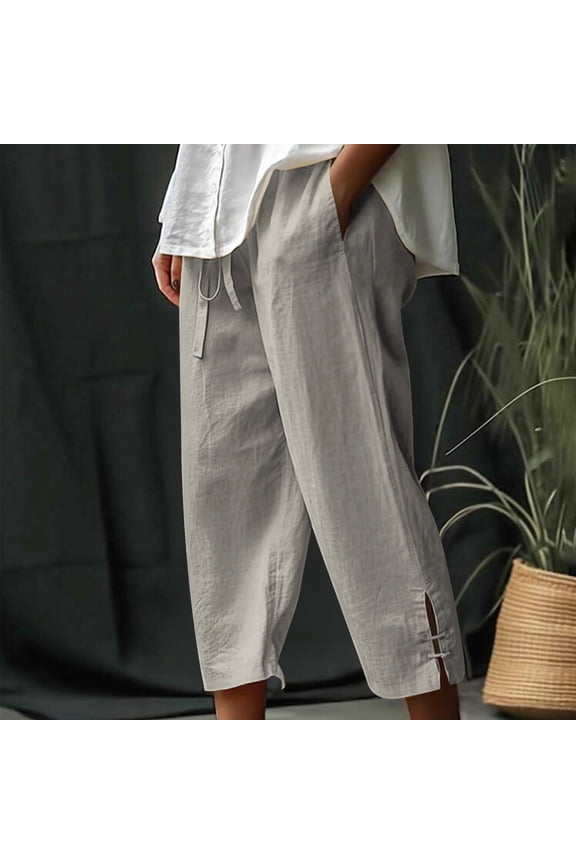 Outlet Wide Leg Cotton Linen Capris Pants Women Summer High Waist Pant Casual Drawstring Straight Trousers Lightweight Lounge Pants