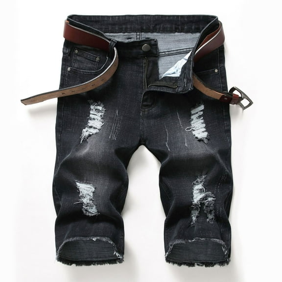 cllios Clearance Under $5 Mens Denim Shorts Big and Tall, Zipper Elastic Slim Casual Denim Shorts Play Wrap Ripped Men's Mid-length Pants