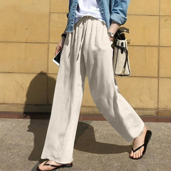 cllios Clearance Under $5 Womens Wide Leg Cotton Linen Pants Summer Elastic Waist Pant Loose Fit Comfy Drawstring Trousers Yoga Bottom Pants
