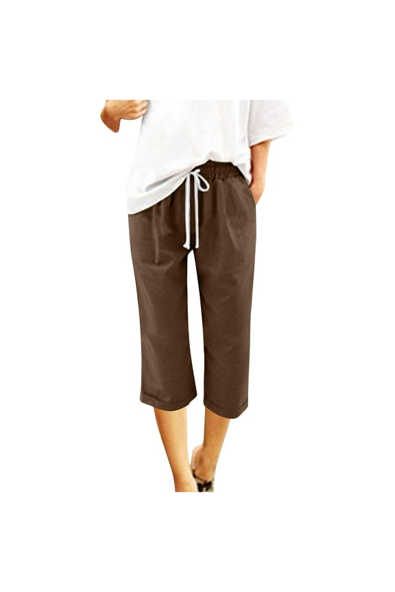 Cotton Linen Capri Pants for Women Summer Drawstring Elastic Waist Capris with Pockets Solid Color Casual Wide Leg Cropped Trousers Lounge Pants