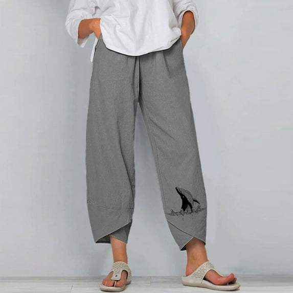 cllios Cotton Linen Capri Pants for Women Summer Casual Elastic Waist Pant Straight Wide Leg Tulip Trouser with Pockets Printed Summer Cropped Trouser