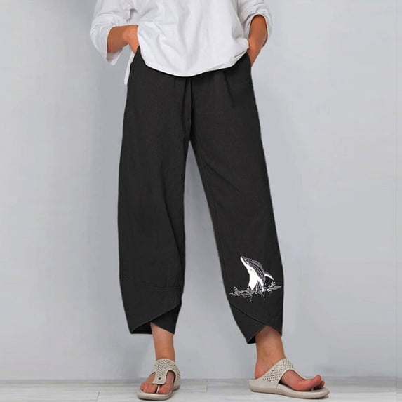 cllios Cotton Linen Capri Pants for Women Summer Casual Elastic Waist Pant Straight Wide Leg Tulip Trouser with Pockets Printed Summer Cropped Trouser
