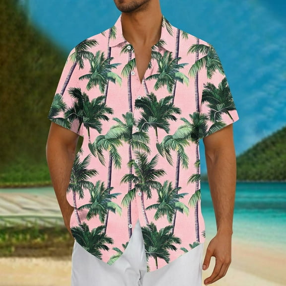cllios Cotton Linen Mens Big and Tall Shirts Palm Tree Tropical Summer Beach Tops Short Sleeve Casual Button Down Shirt