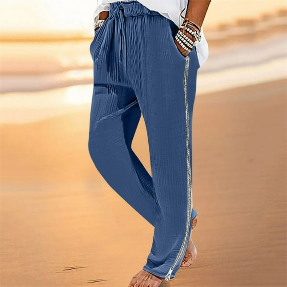 cllios Cotton Linen Pants for Men Lightweight Solid Color Elastic Waist Drawstring Wide Leg Pants Casual Baggy Comfy Lounge Side Zipper Trousers with Pockets Blue M