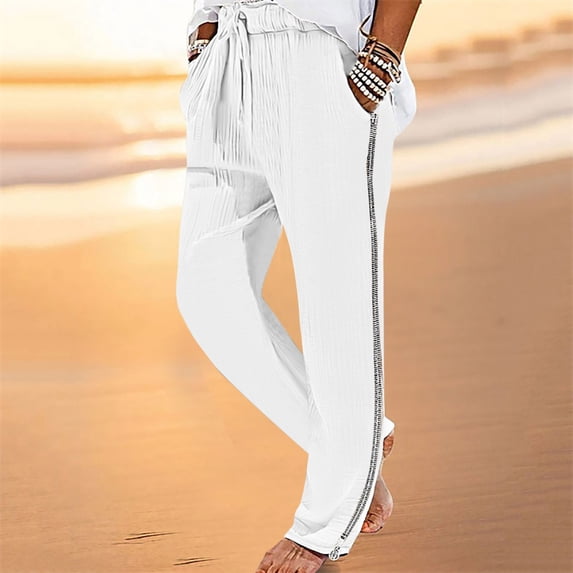 cllios Cotton Linen Pants for Men Lightweight Solid Color Elastic Waist Drawstring Wide Leg Pants Casual Baggy Comfy Lounge Side Zipper Trousers with Pockets White 2XL