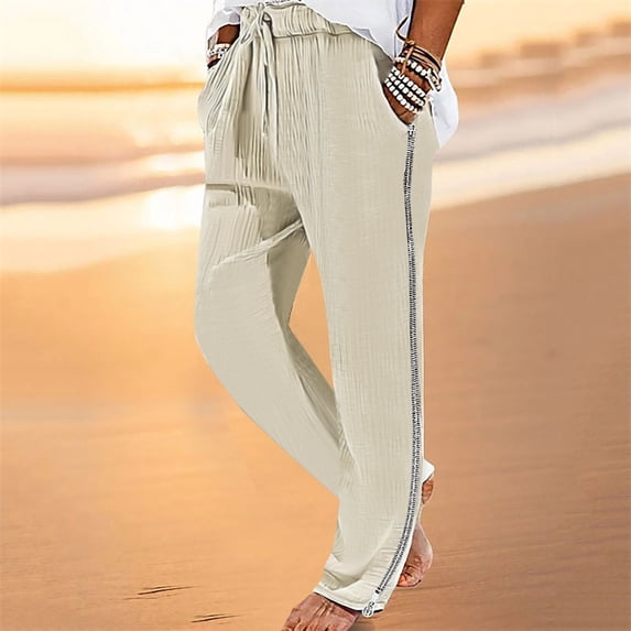 cllios Cotton Linen Pants for Men Lightweight Solid Color Elastic Waist Drawstring Wide Leg Pants Casual Baggy Comfy Lounge Side Zipper Trousers with Pockets Khaki L