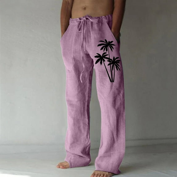cllios Cotton Linen Pants for Men Palm Tree Tropical Print Beach Pants Regular Fit Elastic Waisted Drawstring Lounge Trousers with Pockets Lightweight Breathble Beachwear