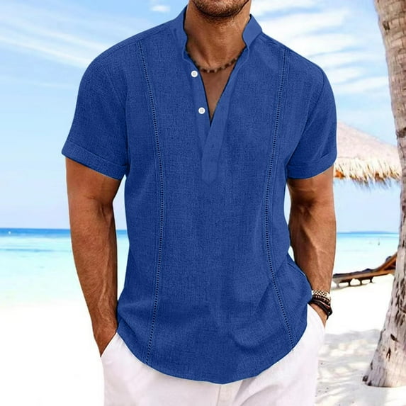 cllios Cotton Linen Shirts for Men Casual Button V Neck Shirts Lightweight Short Sleeve Henley Beach Shirts Hawaiian T Shirts for Men Summer T-Shirt Dark Blue M