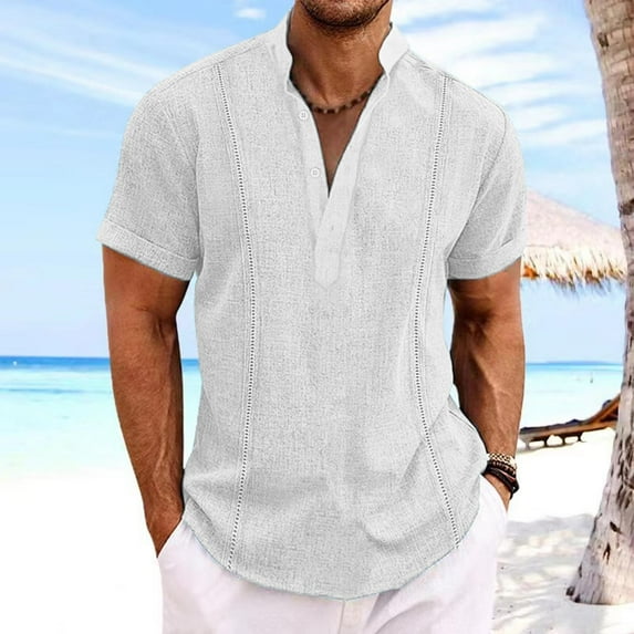 cllios Cotton Linen Shirts for Men Casual Button V Neck Shirts Lightweight Short Sleeve Henley Beach Shirts Hawaiian T Shirts for Men Summer T-Shirt White 2XL