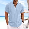 thumbnail image 1 of cllios Cotton Linen Shirts for Men Casual Button V Neck Shirts Lightweight Short Sleeve Henley Beach Shirts Hawaiian T Shirts for Men Summer T-Shirt Light Blue L, 1 of 6