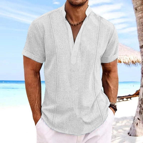 cllios Cotton Linen Shirts for Men Casual Button V Neck Shirts Lightweight Short Sleeve Henley Beach Shirts Hawaiian T Shirts for Men Summer T-Shirt White 3XL