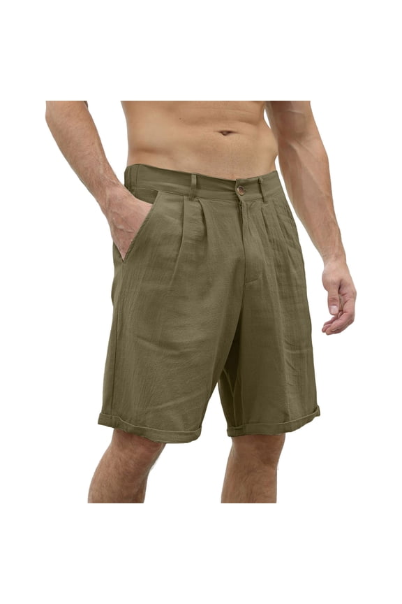 Cotton Linen Shorts for Men Flat Front Chino Short Pants Elastic Waist Zipper Button Summer Shorts Classic Solid Color Work Pants