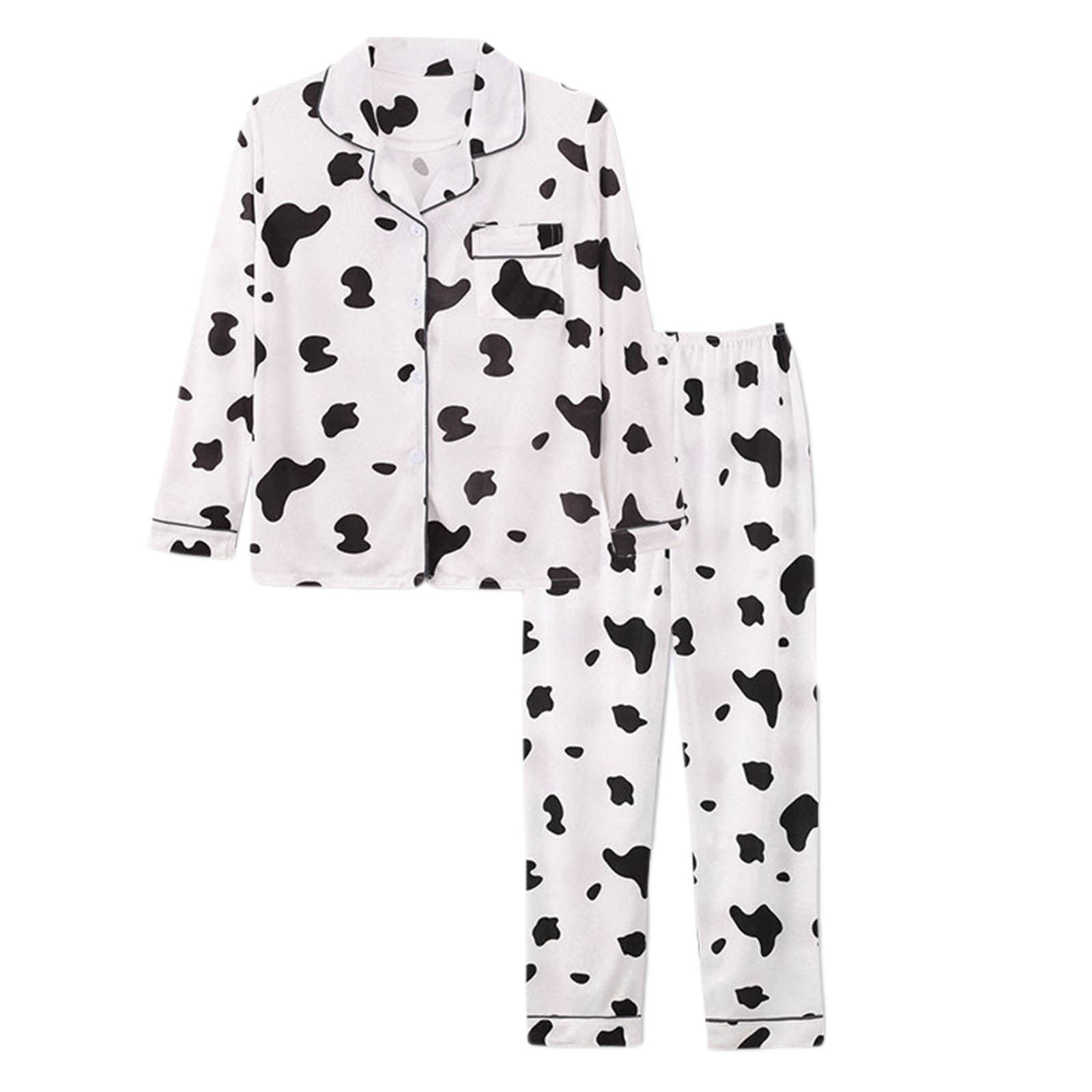 cllios Cow Print Pajamas Sets for Women Casual Lapel Button Down ...