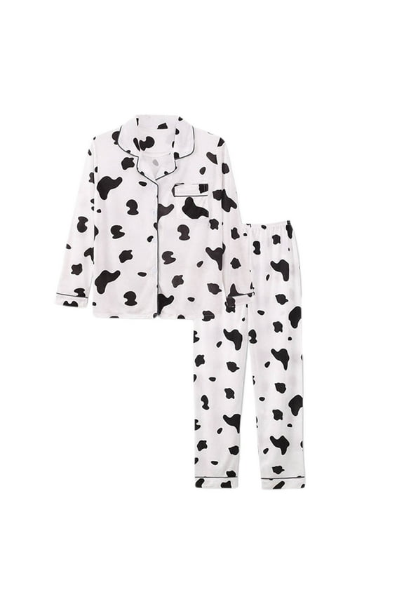 Cow Print Pajamas Sets for Women Casual Lapel Button Down Sleepwear Suit 2 Piece Long Sleeve Loungewear Sets with Pocket Comfy Soft Pajamas Sets