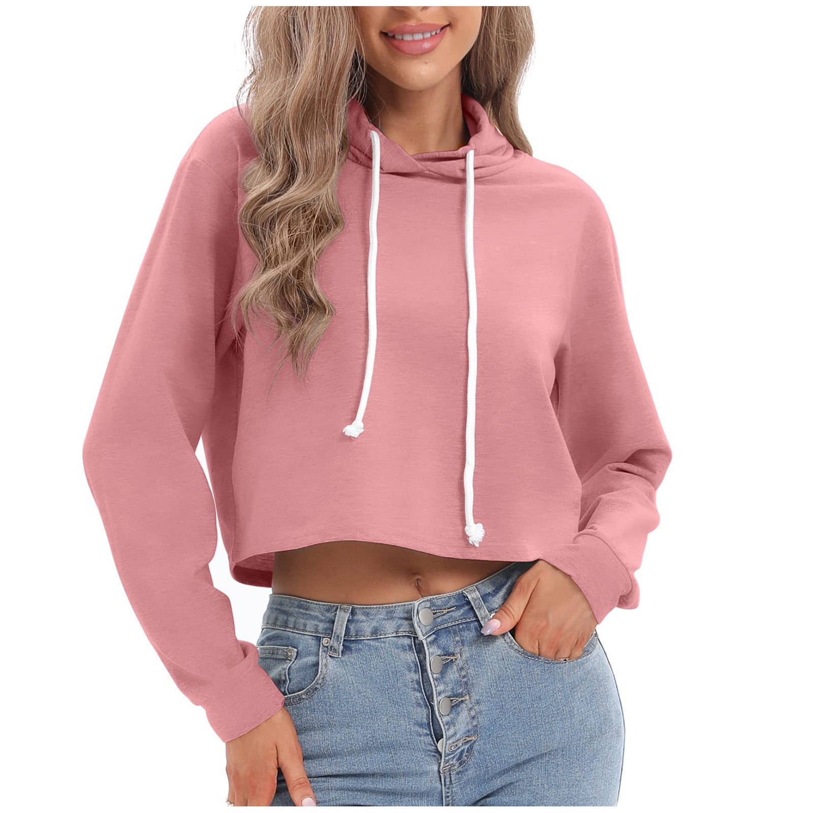 cllios Crop Hoodies for Women Solid Long Sleeve Hooded Sweatshirt Top  Workout Drawstring Jogger Pullover 