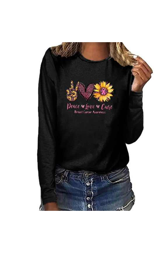 DEACE LOVE CUSE Breast Cencer Awareness Shirts for Women Pink Ribbon Graphic Tees Dressy Casual Long Sleeve Crewneck T Shirts Inspirational Gifts for Survivors