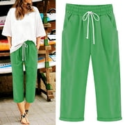CLLIOS Deals Plus Size Pants Women Summer High Waist Pant with Pockets Casual Drawstring Straight Trousers Yoga Capris Pants