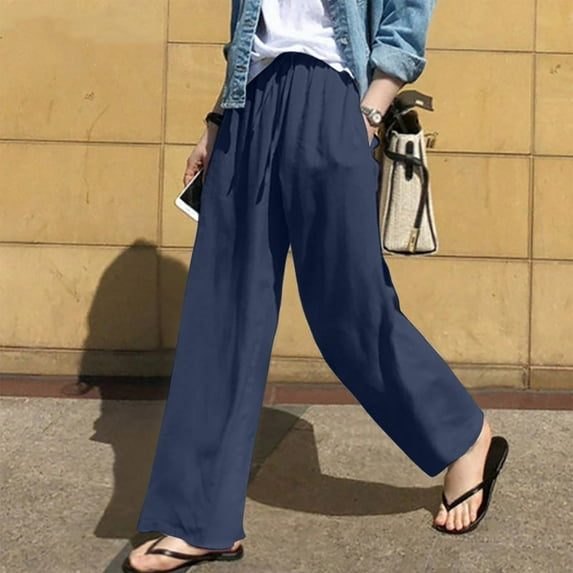 cllios Deals Womens Wide Leg Cotton Linen Pants Summer Elastic Waist Pant Loose Fit Comfy Drawstring Trousers Yoga Bottom Pants