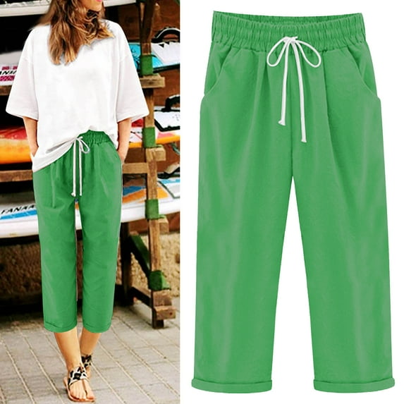 cllios Plus Size Pants Women Summer High Waist Pant with Pockets Casual Drawstring Straight Trousers Yoga Capris Pants