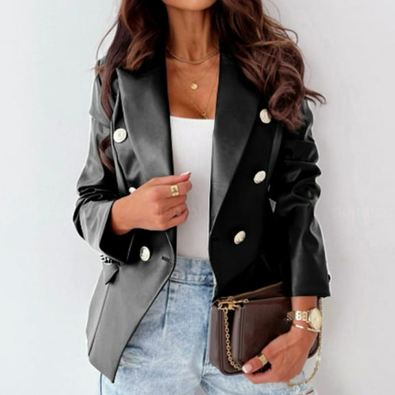 cllios Double Breasted Buttons Faux Leather Blazer Women Long Sleeve Coat Notch Collar Leather Jacket Women