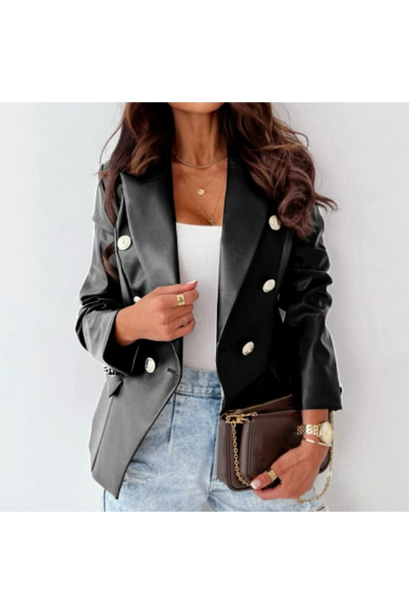 Double Breasted Buttons Faux Leather Blazer Women Long Sleeve Coat Notch Collar Leather Jacket Women