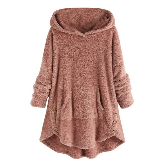 cllios Fleece Hoodies for Women Sherpa Plush Solid High Low Sweatshirt Fuzzy Long Sleeve Button Oversized Pullover Top
