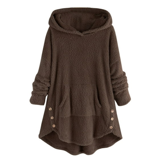 cllios Fleece Hoodies for Women Sherpa Plush Solid High Low Sweatshirt Fuzzy Long Sleeve Button Oversized Pullover Top