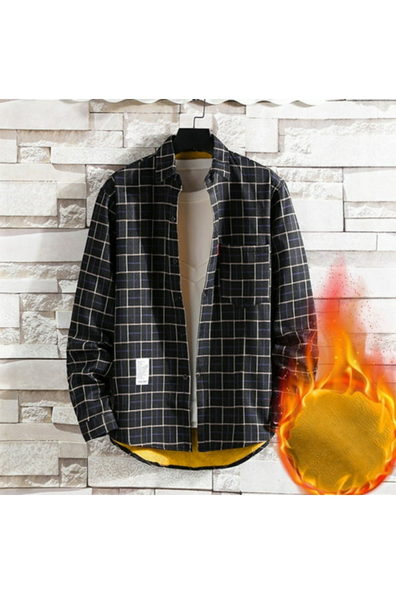 Fleece Jacket for Men Button Up Flannel Plaid Shirts Thermal Thicken Warm Coat Long Sleeve Snap Down Shacket Winter Comfy Outerwear