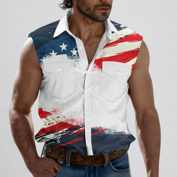 cllios Funny 4th of July Tank Tops for Men Casual Button Down Lapel T Shirts Distressed American Flag Muscle Tees Gym Sleeveless Sports Vests with Pockets