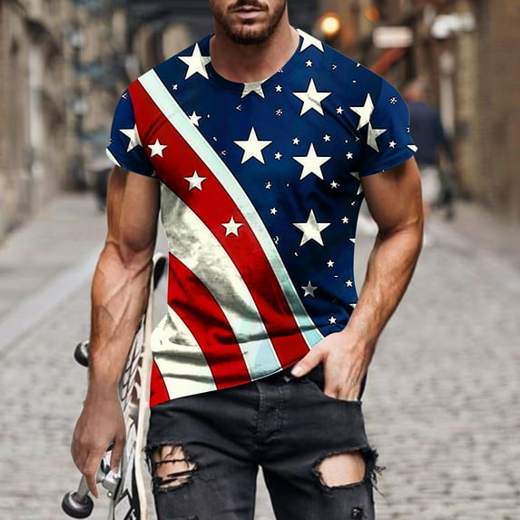 cllios Funny 4th of July Shirts for Men Patriotic Red White and Blue Graphic Tee Regular Fit Short Sleeve Workout Tops Independence Day Men's Gifts